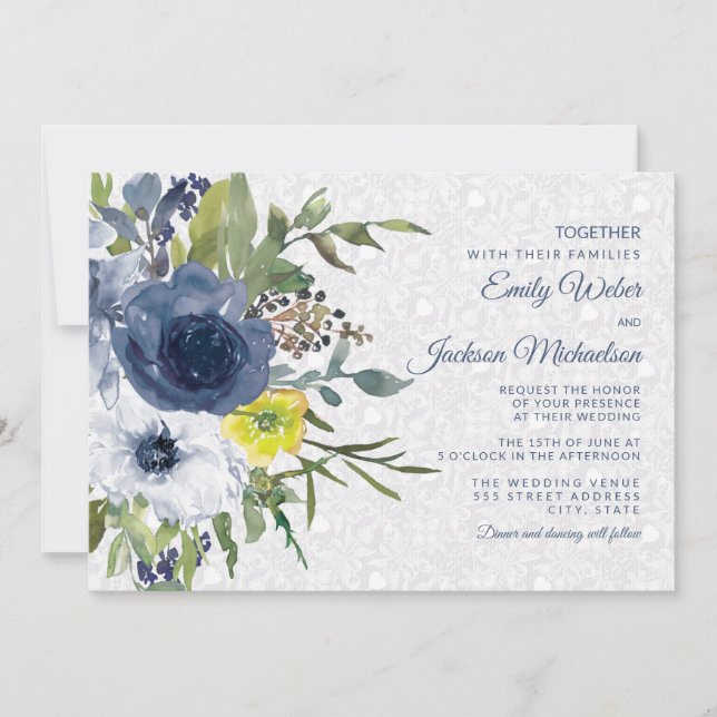 Invitation Marine Blanc Jaune Floral et Jardin de dentelle Ma (Devant)