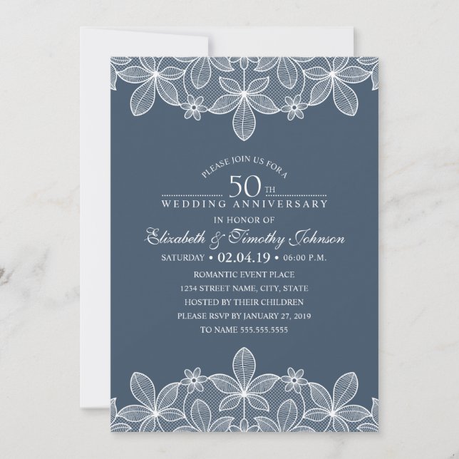Invitation Marine Bleu 50e anniversaire Mariage Élégante dent (Devant)