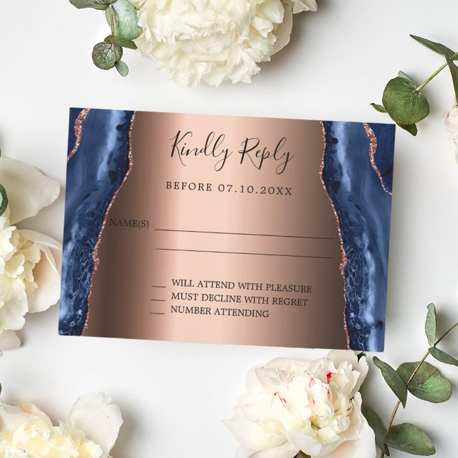 Invitation Marine bleu agate marbre rose or mariage RSVP cart (Créateur téléchargé)