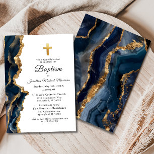 Invitation Marine Bleu Agate Or Baptême Moderne Élégant
