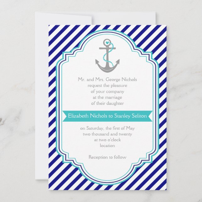 Invitation Marine bleu, ancre d'aqua et rayures mariage nauti (Devant)
