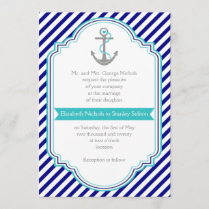 Invitation Marine bleu, ancre d'aqua et rayures mariage nauti