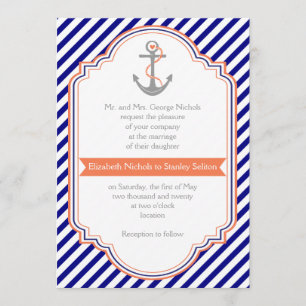 Invitation Marine bleu, ancre de corail & rayures mariage nau