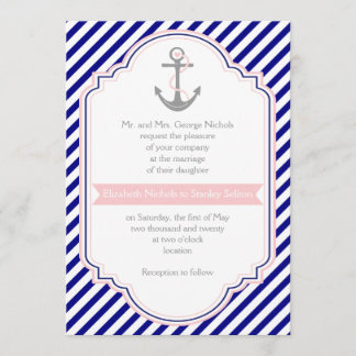 Invitation Marine bleu, ancre rose et rayures mariage nautiqu