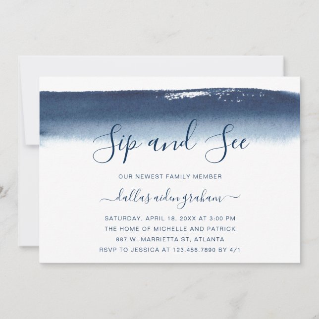 Invitation Marine Bleu Aquarelle bébé garçon Sip et voir (Devant)