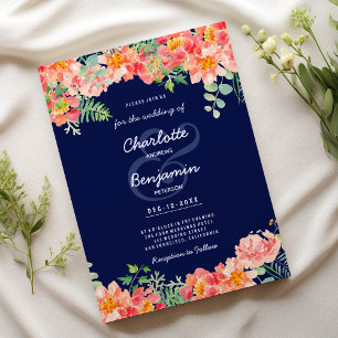 Invitation Marine bleu aquarelle corail rose Mariage botaniqu