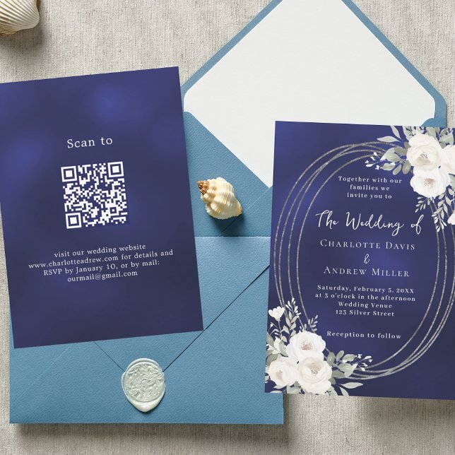Invitation Marine bleu argent blanc floraux mariage QR RSVP (Créateur téléchargé)