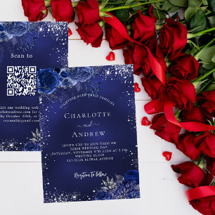 Invitation Marine bleu argent fleurs QR code RSVP mariage