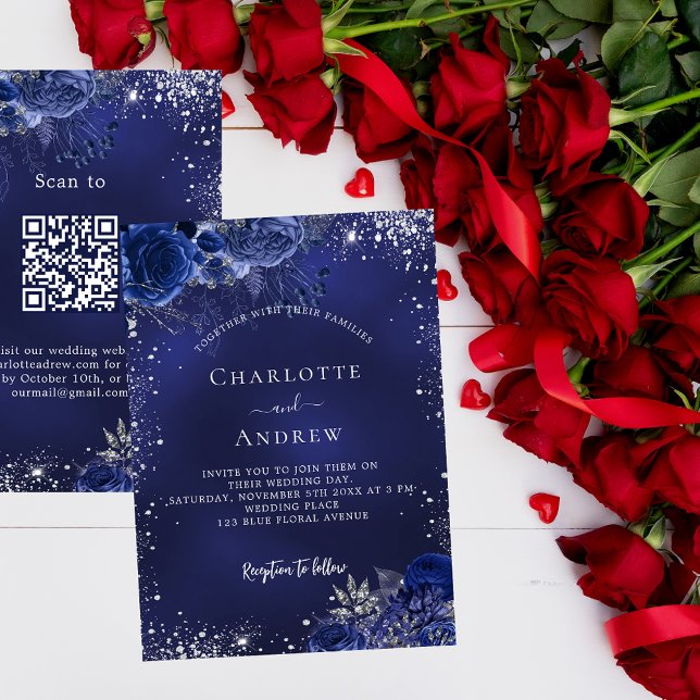 Invitation Marine bleu argent fleurs QR code RSVP mariage (Créateur téléchargé)