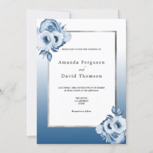 Invitation Marine bleu argent floral blanc élégant mariage
