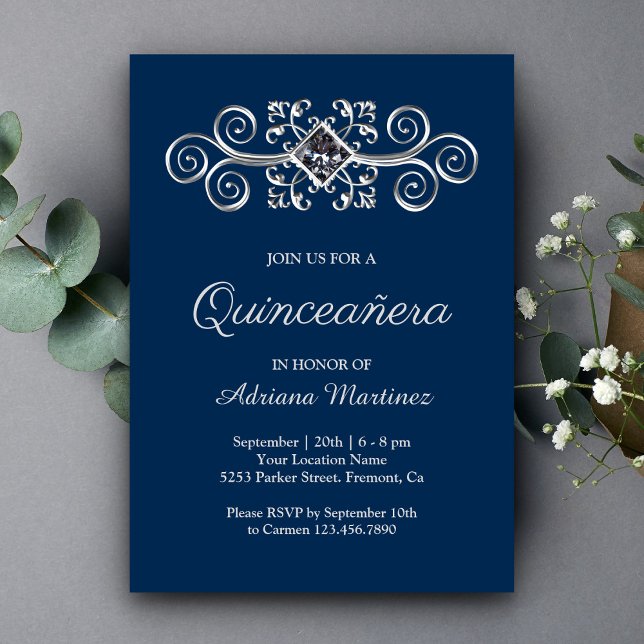 Invitation Marine Bleu Argent Flourissant Diamant Quinceanera (Créateur téléchargé)