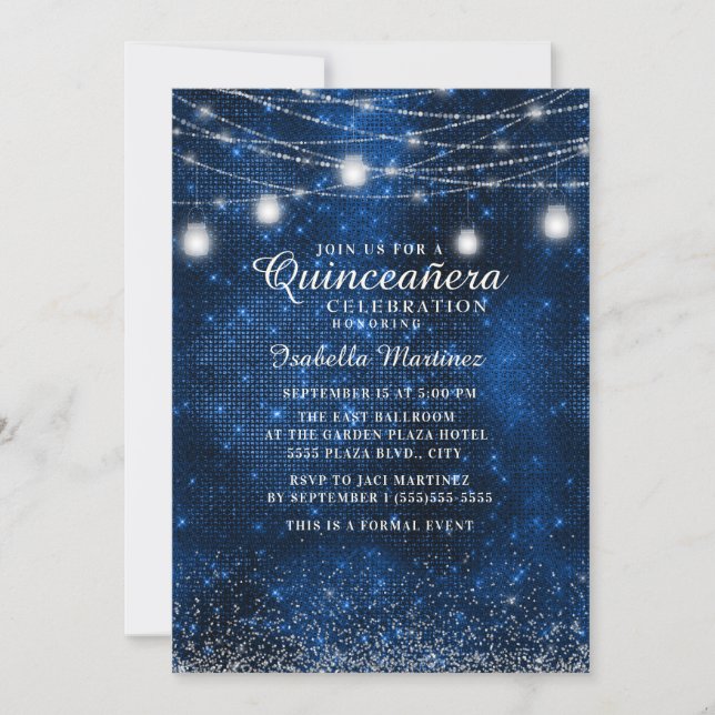 Invitation Marine Bleu Argent Parties scintillant String Lumi (Devant)