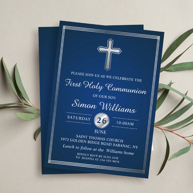 Invitation Marine Bleu Argent Première Communion Sainte Invit (Créateur téléchargé)