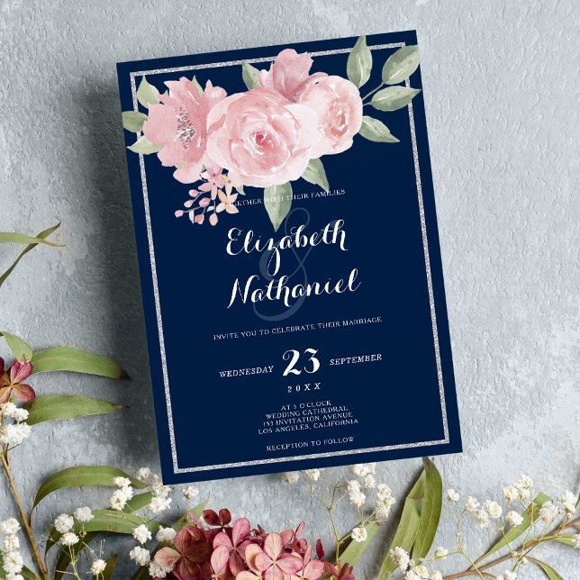 Invitation Marine bleu argent rose vert vert thème mariage (Navy blue silver pink green floral theme wedding)