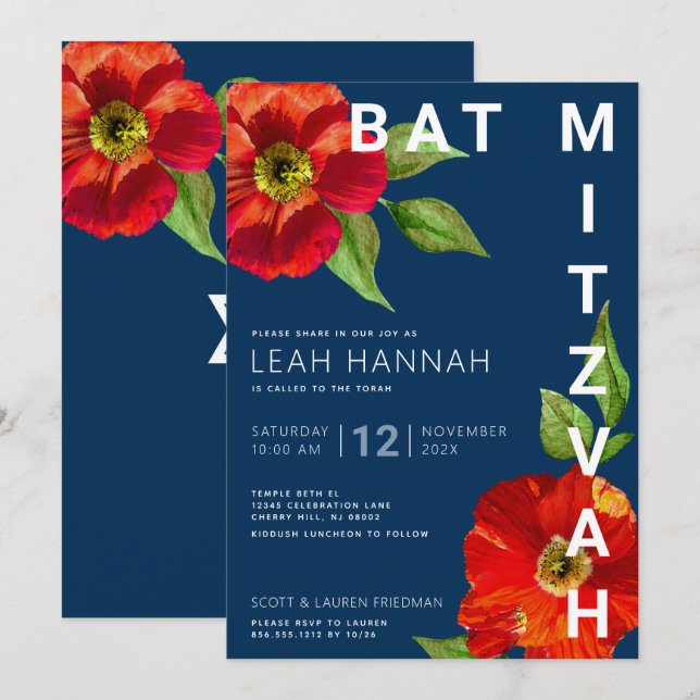 Invitation Marine bleu Bat mitzvah Rouge Floral Aquarelle mod (Devant / Derrière)
