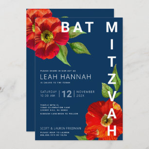 Invitation Marine bleu Bat mitzvah Rouge Floral Aquarelle mod