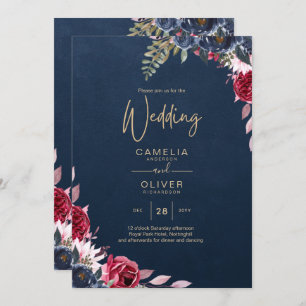 Invitation Marine Bleu Berry Floral Bourgogne hiver automne