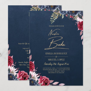 Invitation Marine Bleu Berry Floral Bourgogne hiver automne