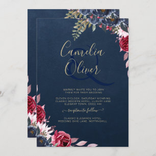 Invitation Marine Bleu Berry Floral Bourgogne hiver automne