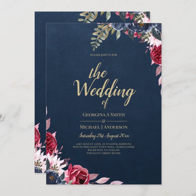 Invitation Marine Bleu Berry Floral Bourgogne hiver automne (Devant / Derrière)