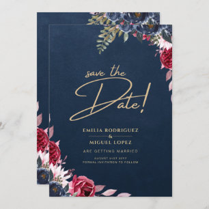 Invitation Marine Bleu Berry Floral Bourgogne hiver automne