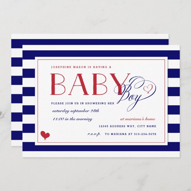 Invitation Marine Bleu & Blanc Bande rouge Baby shower Garçon (Devant / Derrière)