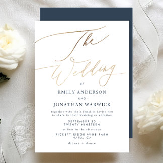 Invitation Marine Bleu Blanc Elégant Faux Or Le Mariage