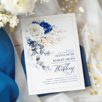 Marine Bleu & Blanc Floral Boho Gold Mariage éléga