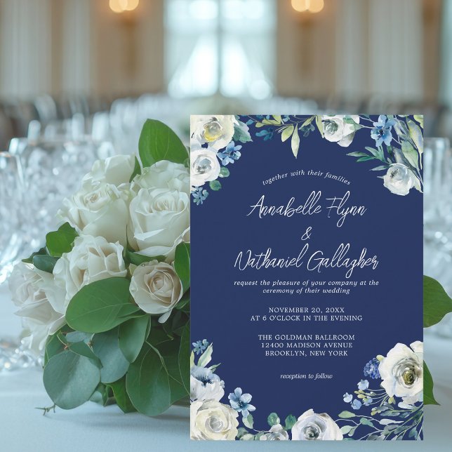 Invitation Marine Bleu Blanc Floral manuscrit Mariage d'hiver (Créateur téléchargé)