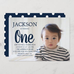Invitation Marine Bleu blanc Polka Dot enfant 1er anniversair