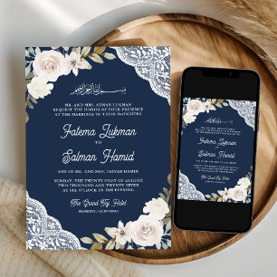 Invitation Marine Bleu blanc Roses dentelle Mariage musulman