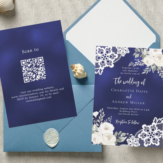 Invitation Marine bleu blanc roses dentelle QR code mariage (Créateur téléchargé)