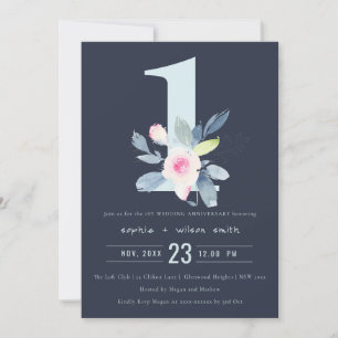 Invitation MARINE BLEU BLEU FLORAL 1er TOUTE ANNÉE ANNIVERSAI