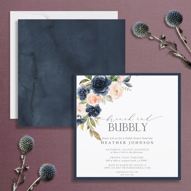 Invitation Marine Bleu & Blush Floral Brunch & Bubbly Douche (Créateur téléchargé)