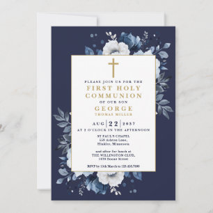 Invitation Marine Bleu Boho Floral First Holy Communion