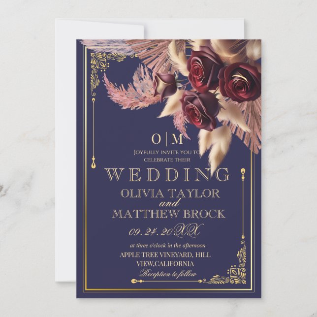 Invitation Marine bleu Boho Floral roses rouges Mariage (Devant)