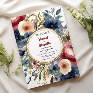 Invitation Marine bleu bordeaux fleuri pays chic Mariage