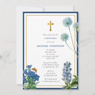 Invitation Marine Bleu Botanique & Baptême d'or Christening B