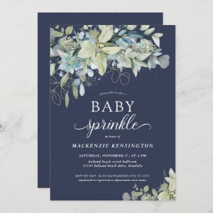 Invitation Marine Bleu Botanique Eucalyptus Bébé saupoudrer