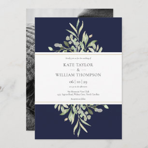 Invitation Marine Bleu Botanique Vert Mariage Photo