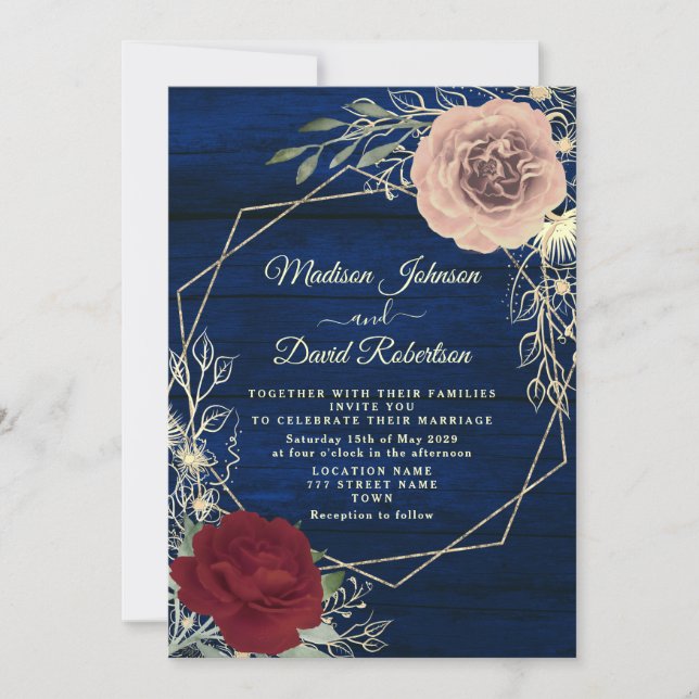 Invitation Marine Bleu Bourgogne Bleu rose et Mariage d'or (Devant)