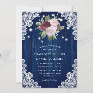 Invitation Marine Bleu Bourgogne Blush Blanc dentelle Mariage