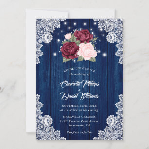 Invitation Marine Bleu Bourgogne Blush Dentelle de bois Maria