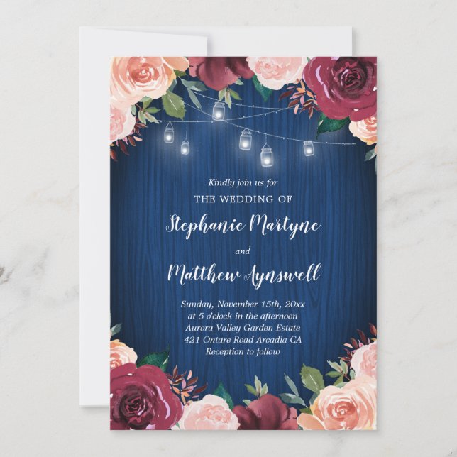 Invitation Marine Bleu Bourgogne Blush Floral Mason Jar Maria (Devant)
