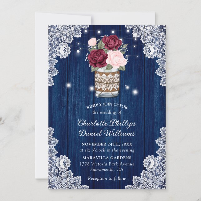 Invitation Marine bleu Bourgogne Blush Lace Mason Jar Mariage (Devant)