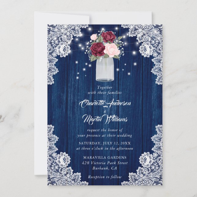 Invitation Marine Bleu Bourgogne Blush Rose Bois Mariage Flor (Devant)