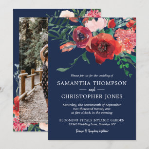 Invitation Marine Bleu Bourgogne Corail Rouge Floral Mariage 