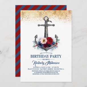 Invitation Marine Bleu Bourgogne Floral Ancre Nautique Annive