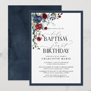 Invitation Marine Bleu Bourgogne Floral Baptême 1er anniversa
