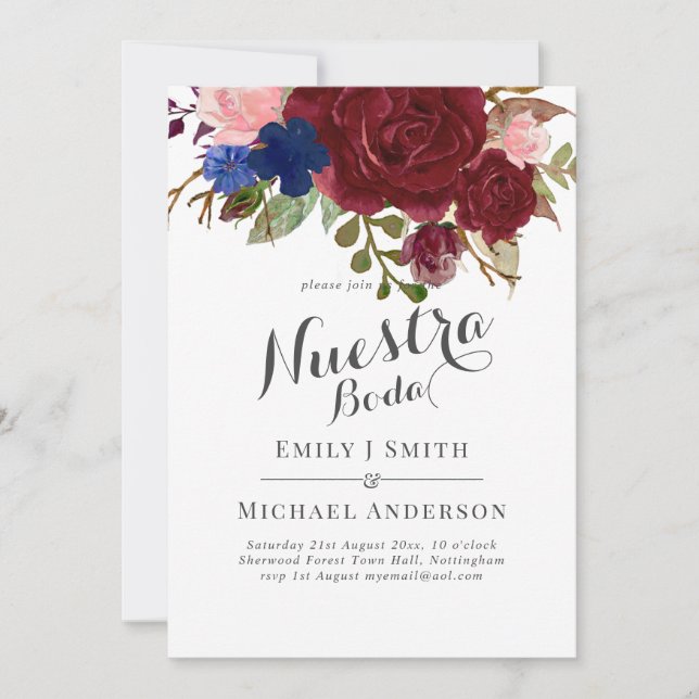 Invitation Marine Bleu Bourgogne Floral Nuestra Boda Espagnol (Devant)